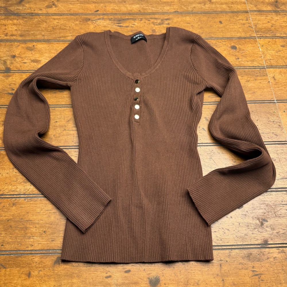 The Work Shop Brown Ribbed Long Sleeve Henley‎ Top V-Neck Gold Buttons M
